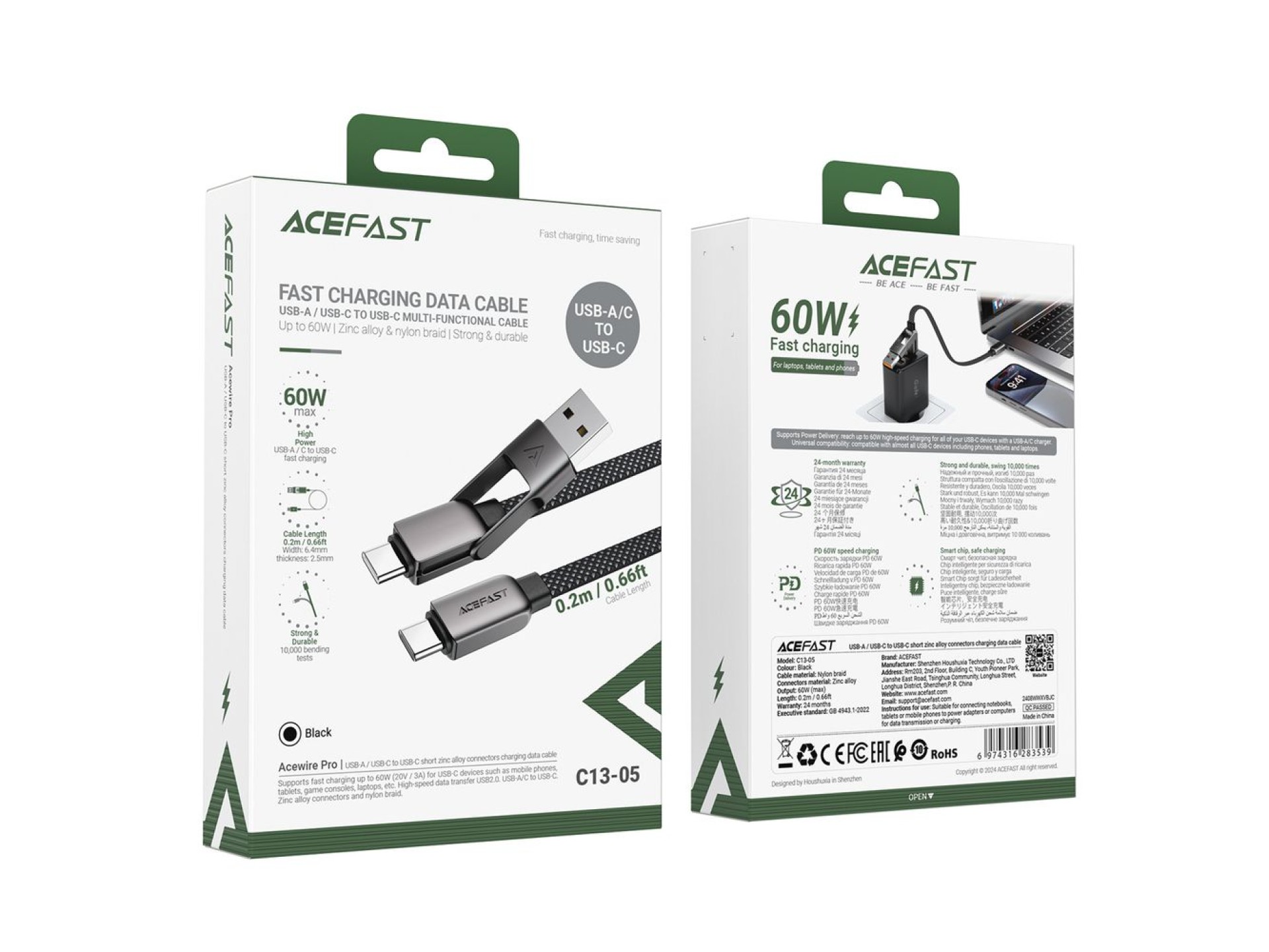 Cable USB-C Acefast C13-05 - USB-A / USB-C 480Mb/s 3A 0.2m - Negro