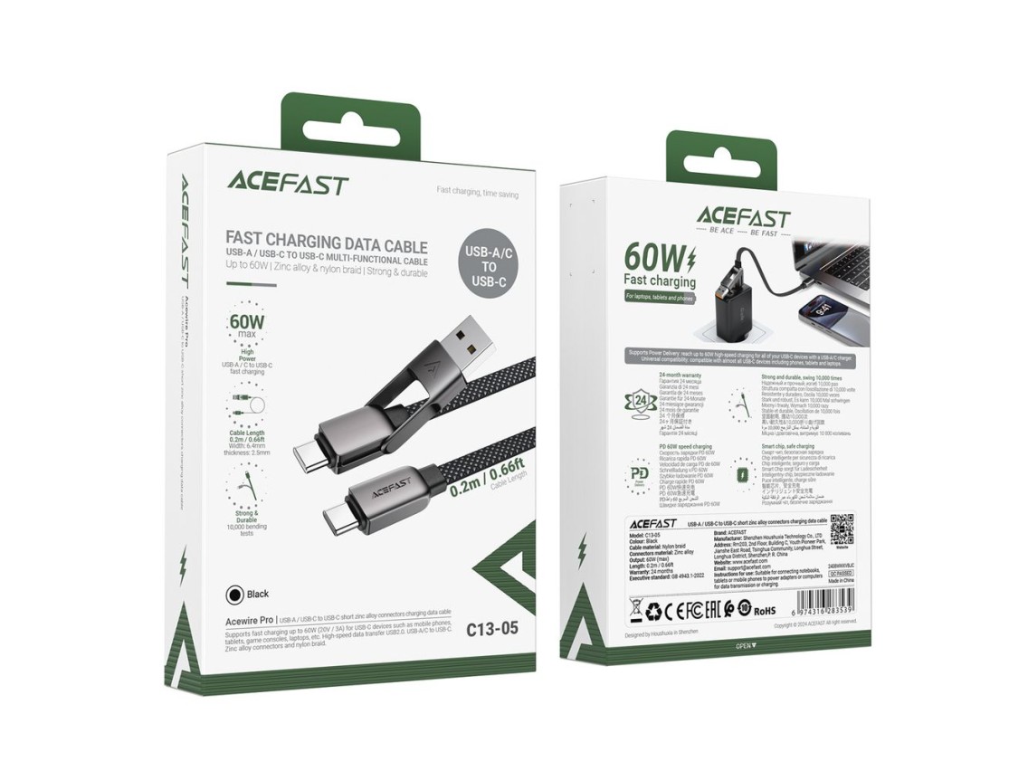 Cable USB-C Acefast C13-05 - USB-A / USB-C 480Mb/s 3A 0.2m - Negro