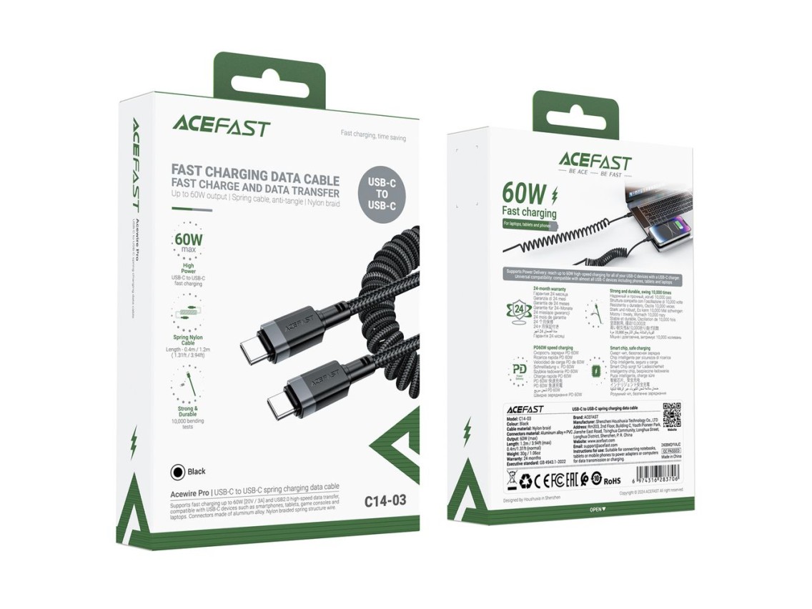 Acefast C14-03 USB-C - USB-C Spring Cable 480Mb/s 3A 1.2m - Black