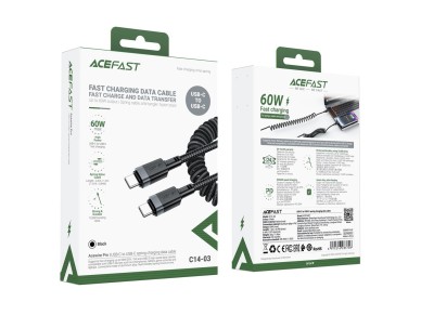 Acefast C14-03 USB-C - USB-C Spring Cable 480Mb/s 3A 1.2m - Black Acefast C14-03 USB-C - USB-C Spring Cable 480Mb/s 3A 1.2m - Black