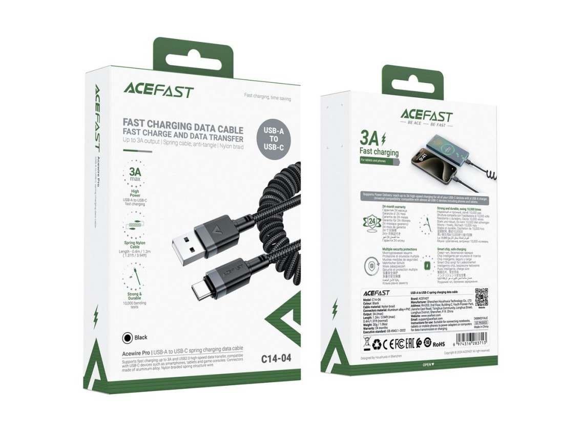 Cabo Acefast C14-04 USB-A para USB-C com mola, 480 Mb/s, 3 A, 1,2 m - Preto