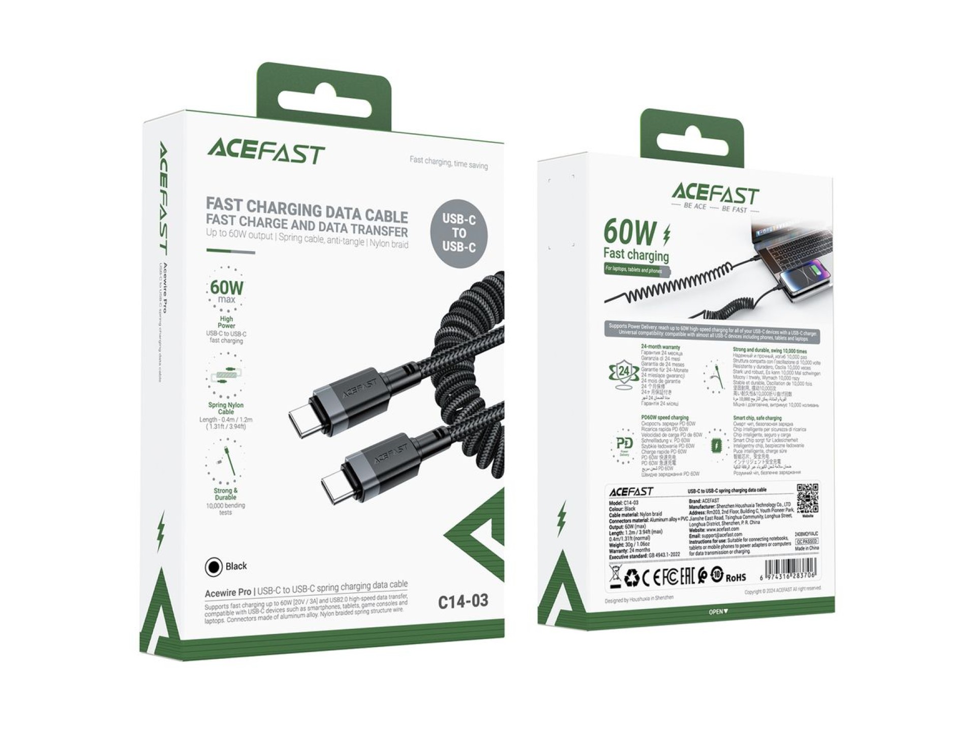 Acefast C14-03 USB-C - Cable USB-C con resorte 480Mb/s 3A 1.2m - Negro