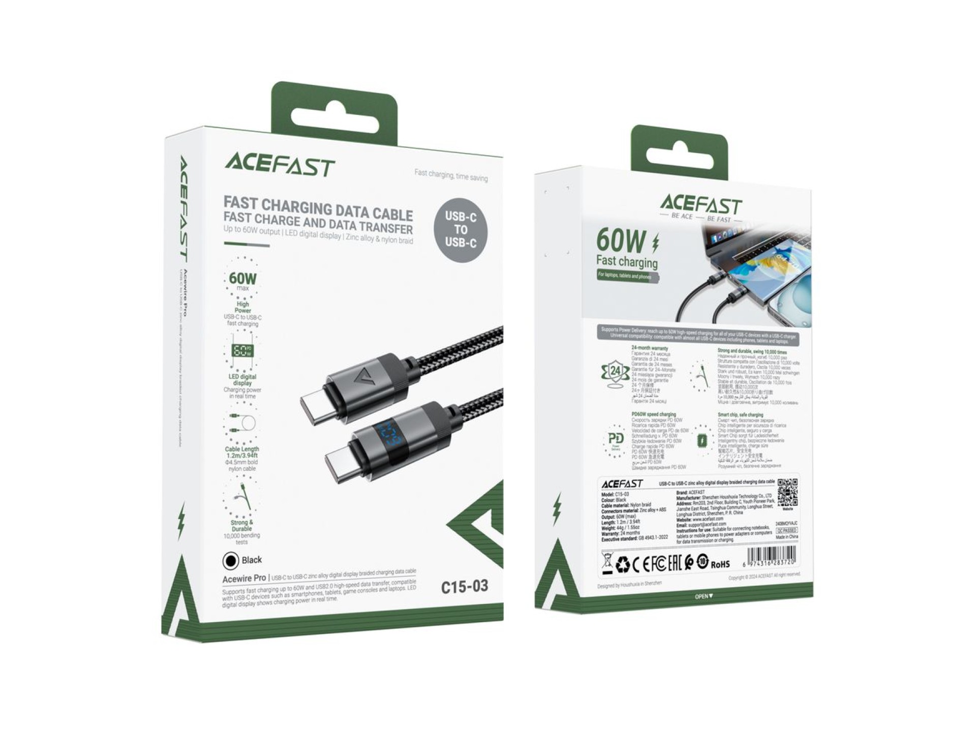 Acefast C15-03 USB-C - Cabo USB-C com DisplayPort 480Mb/s 60W 1,2m - Preto