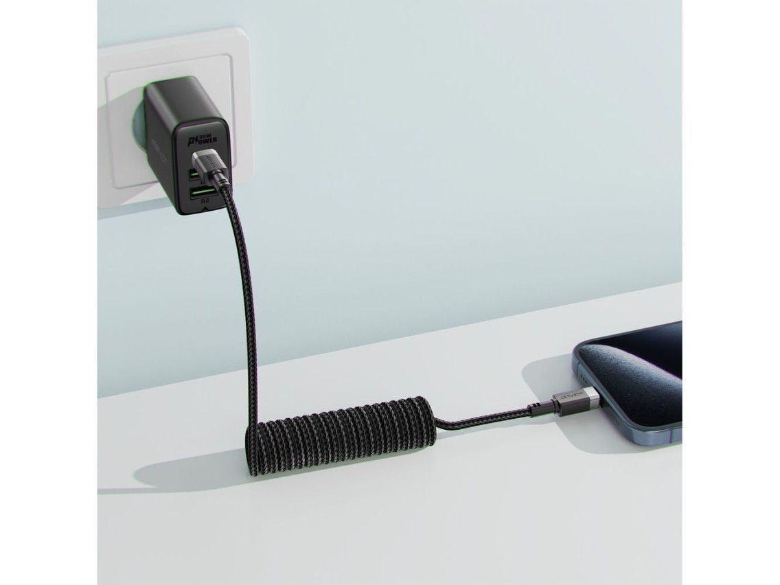Cabo Acefast C14-04 USB-A para USB-C com mola, 480 Mb/s, 3 A, 1,2 m - Preto