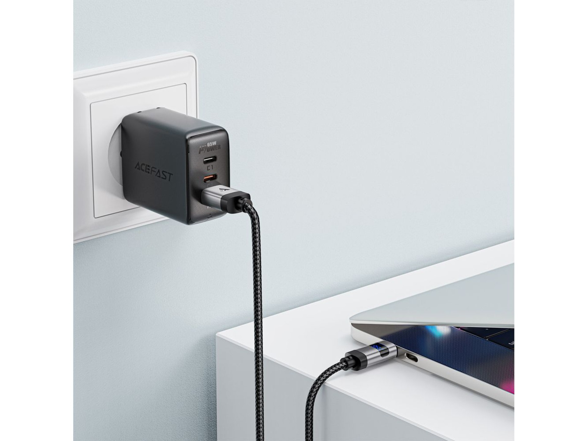 Cabo Acefast C15-04 USB-A para USB-C com Display, 480 Mb/s, 66 W, 1,2 m - Preto