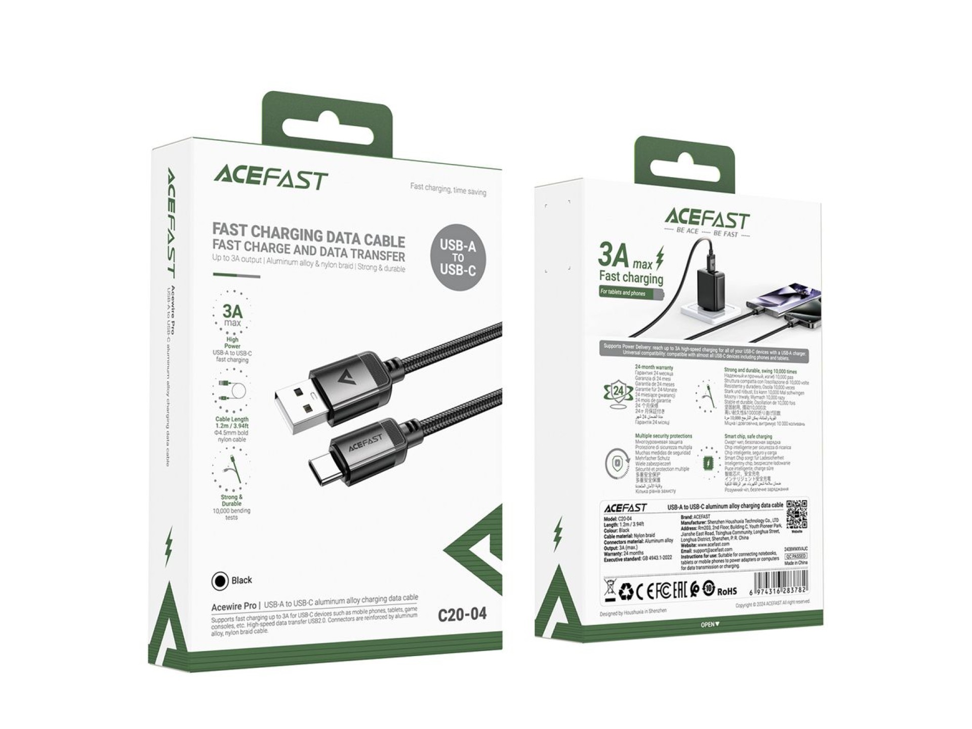 Acefast C20-04 USB-A - USB-C Cable 480Mb/s 3A 1.2m - Black