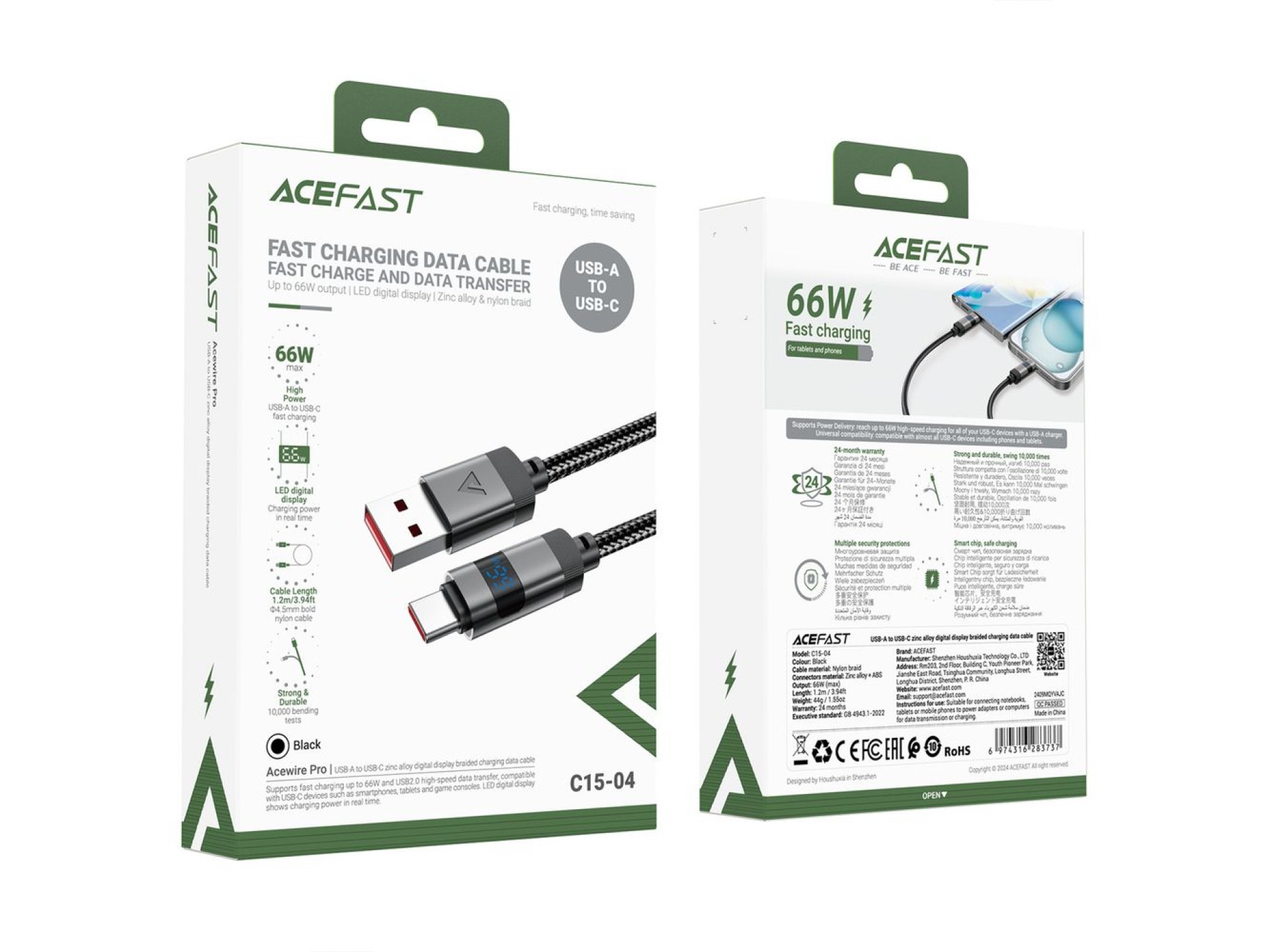 Cabo Acefast C15-04 USB-A para USB-C com Display, 480 Mb/s, 66 W, 1,2 m - Preto