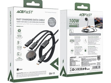 Cabo Acefast C6-11 USB-C 3 em 1 - 2x USB-C / Qi 480Mb/s 100W 1,2m - preto Cabo Acefast C6-11 USB-C 3 em 1 - 2x USB-C / Qi 480Mb/s 100W 1,2m - preto