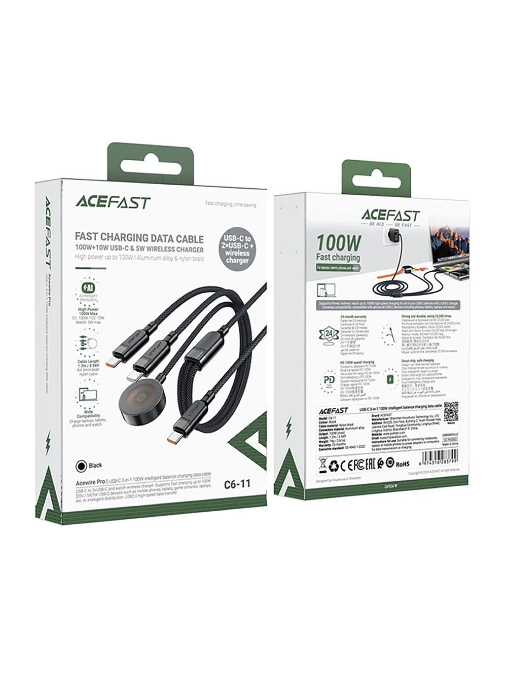 Acefast C6-11 USB-C 3in1 Cable - 2x USB-C / Qi 480Mb/s 100W 1.2m - black