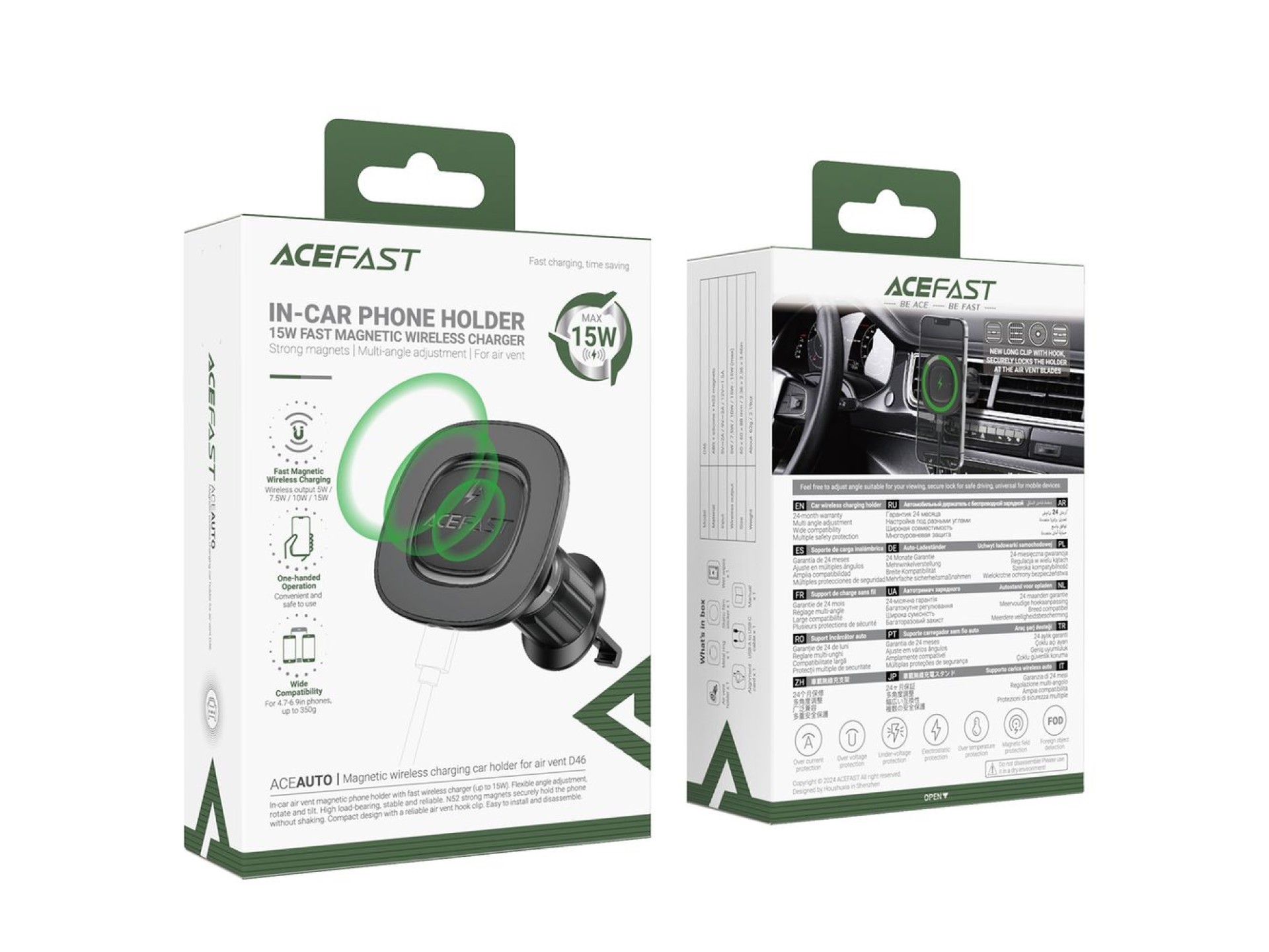 Soporte magnético para rejilla de ventilación Acefast D46 con cargador inalámbrico - Negro