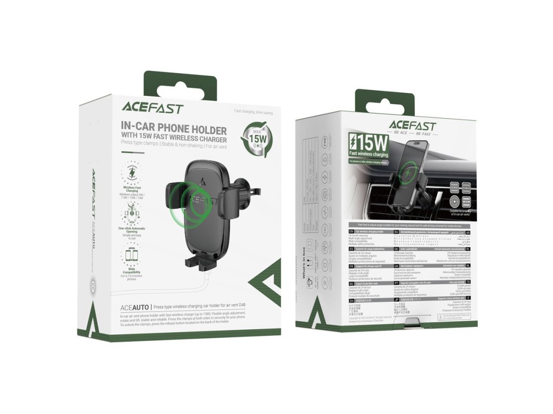 Suporte para saída de ar veicular Acefast D48 com carregador sem fio - Preto