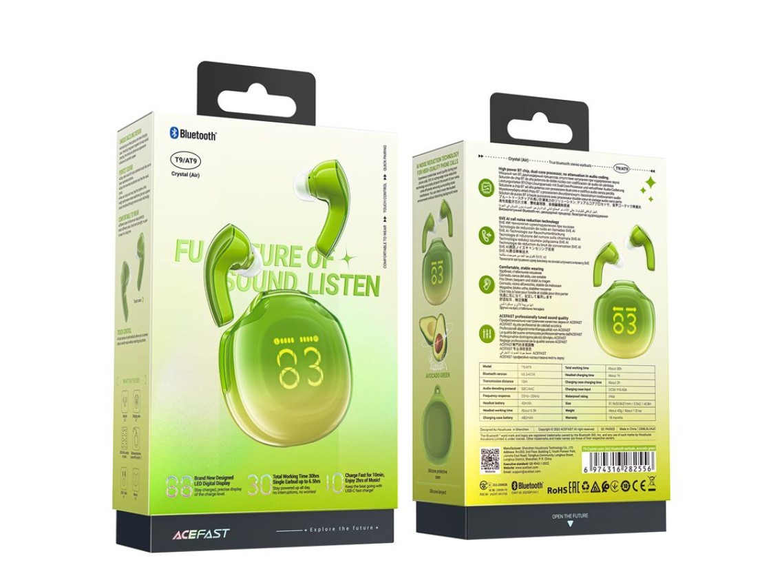 Fones de ouvido intra-auriculares sem fio Acefast T9 Bluetooth 5.3 - verde