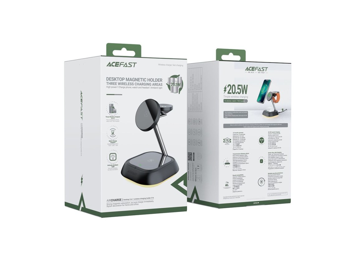 Estação de carregamento indutivo 3 em 1 Acefast E16 15W para celular/fones de ouvido/relógio - preta