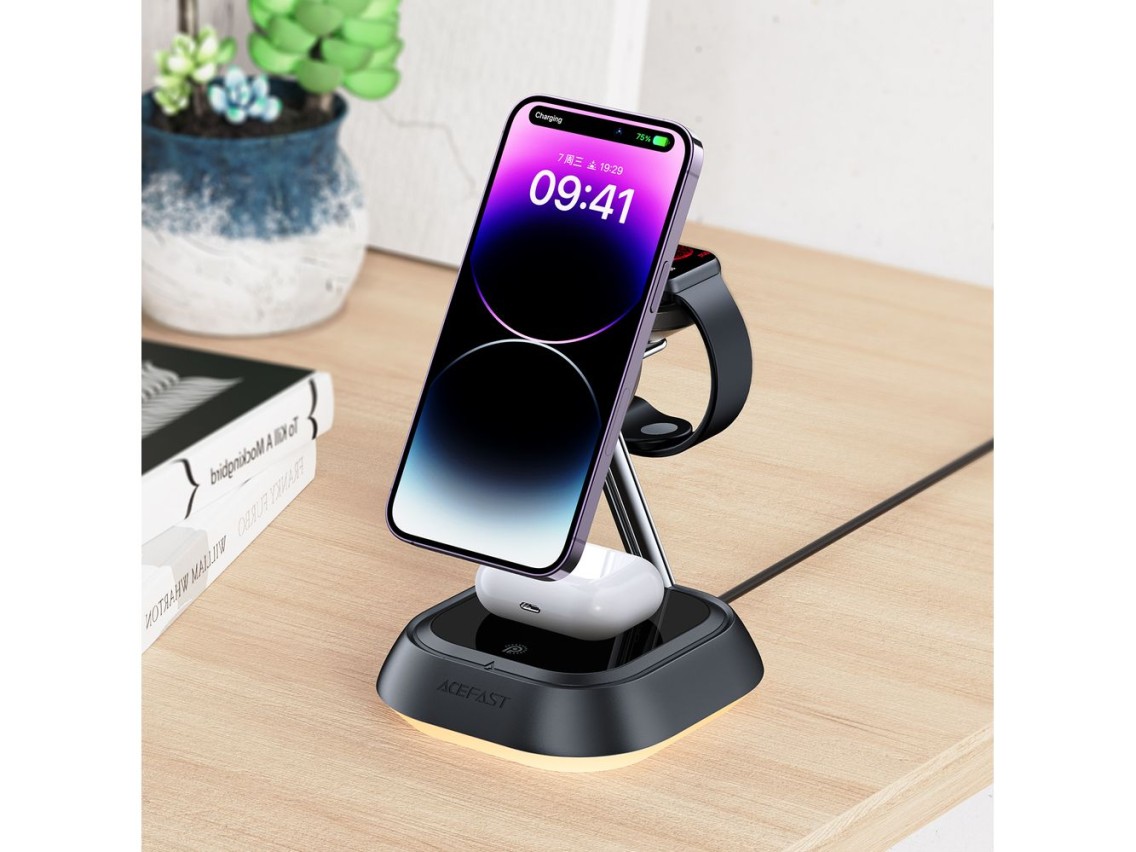 Estação de carregamento indutivo 3 em 1 Acefast E16 15W para celular/fones de ouvido/relógio - preta