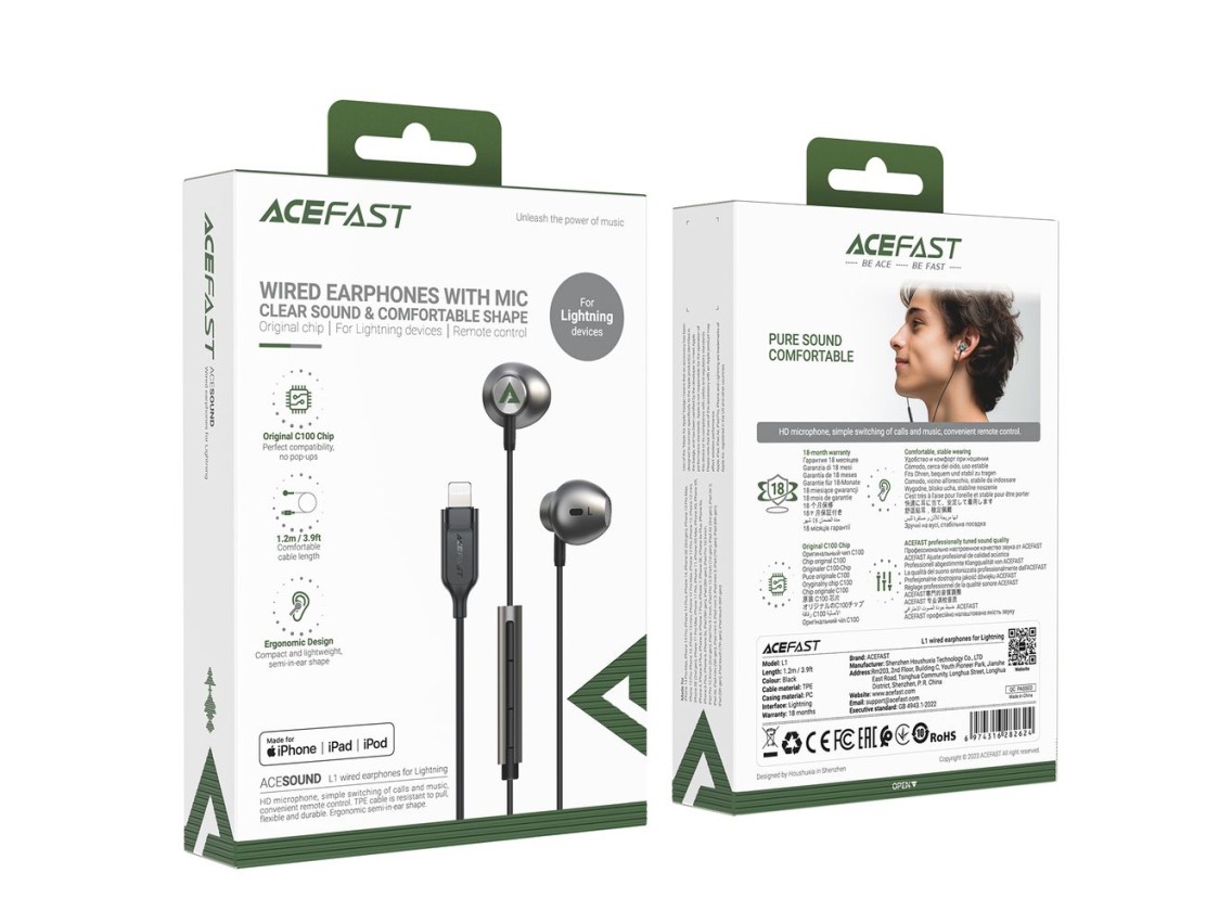 Fones de ouvido intra-auriculares Acefast L1 com conector Lightning, microfone e controle remoto de