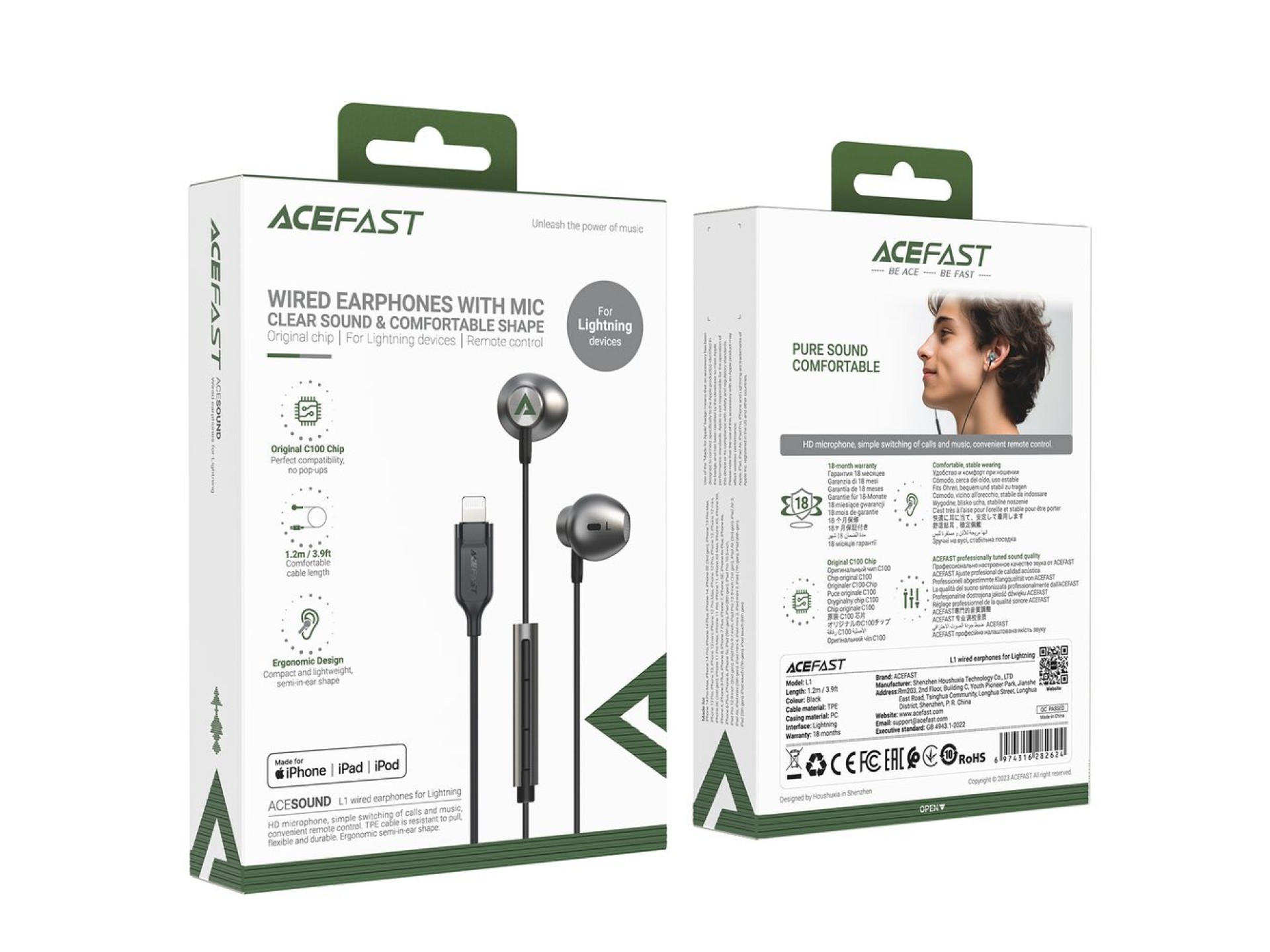 Fones de ouvido intra-auriculares Acefast L1 com conector Lightning, microfone e controle remoto de