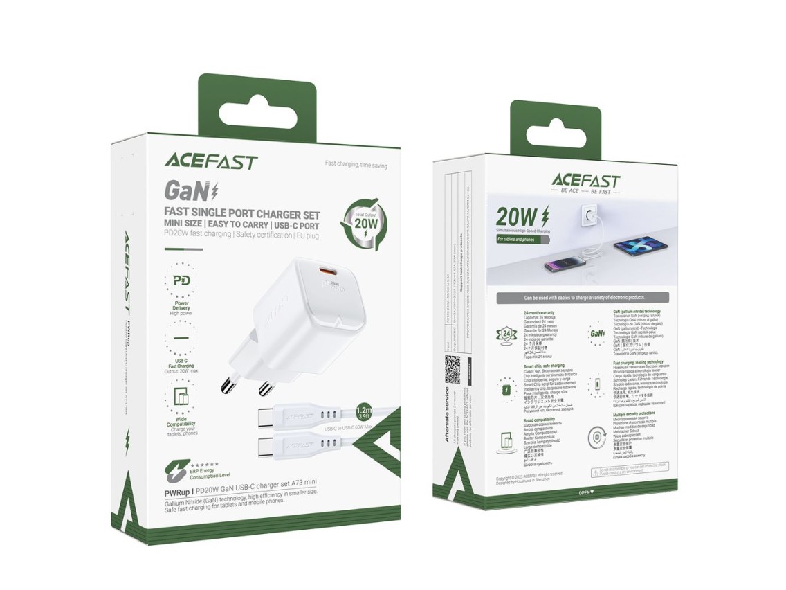 Acefast A73 Mini PD 20W GaN wall charger + USB-C cable - white