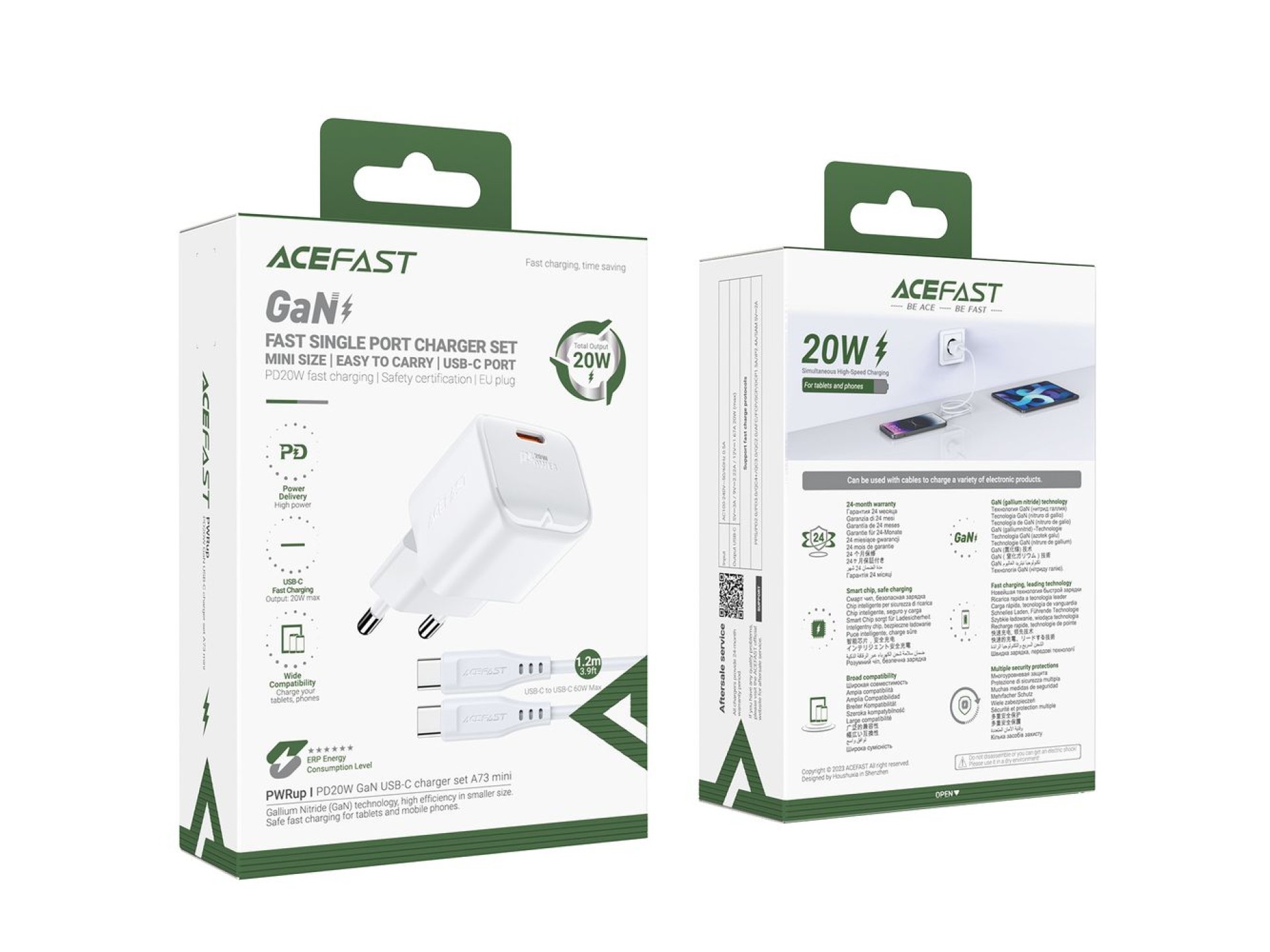 Carregador de parede Acefast A73 Mini PD 20W GaN + cabo USB-C - branco