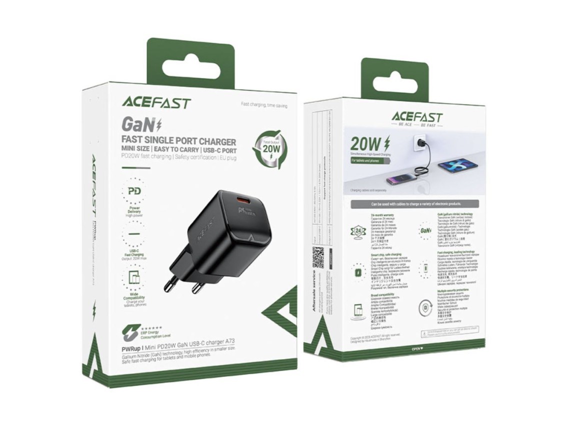 Cargador de pared Acefast A73 Mini PD de 20 W GaN USB-C - negro