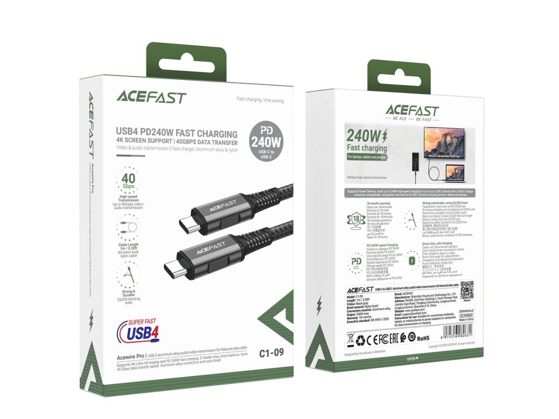 Acefast C1-09 USB-C / USB-C USB4 PD3.1 cable 5A 1m - gray-black