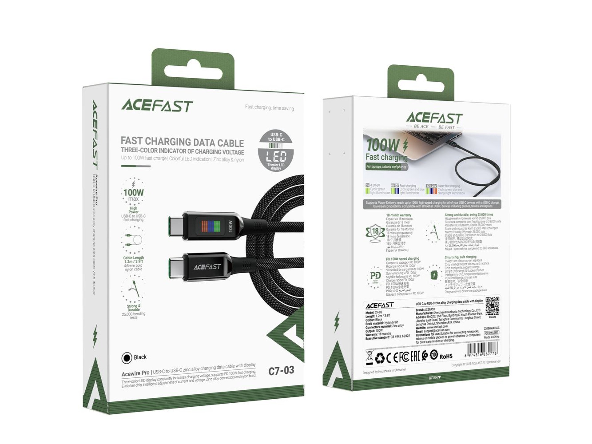Cabo Acefast C7-03 USB-C de 100 W e 1,2 m com display - preto