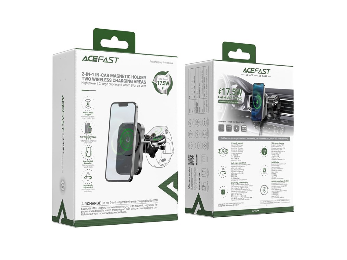 Acefast D18 car holder with MagSafe / Qi inductive charger + USB-A USB-C cable - black
