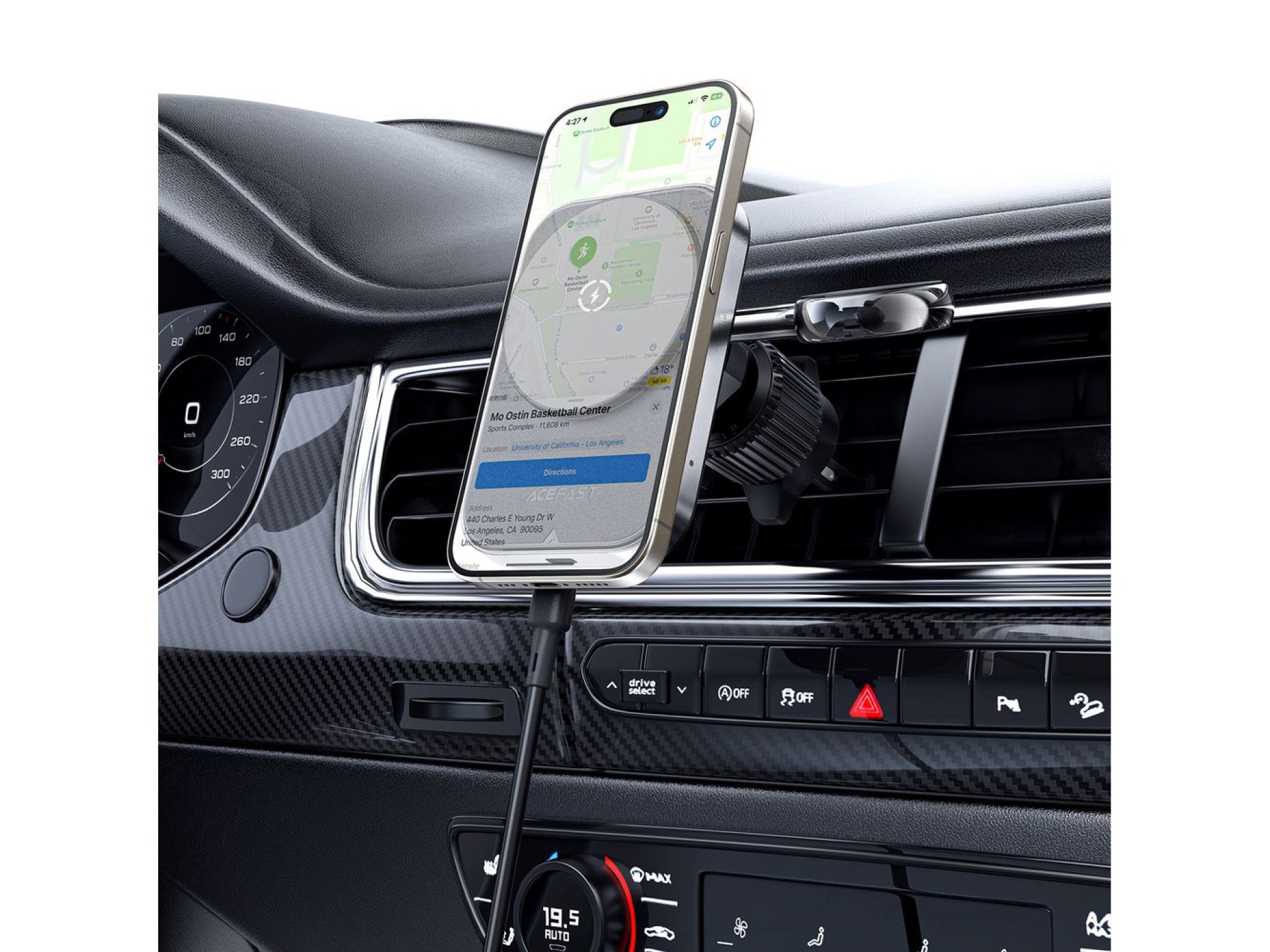 Acefast D18 car holder with MagSafe / Qi inductive charger + USB-A USB-C cable - black
