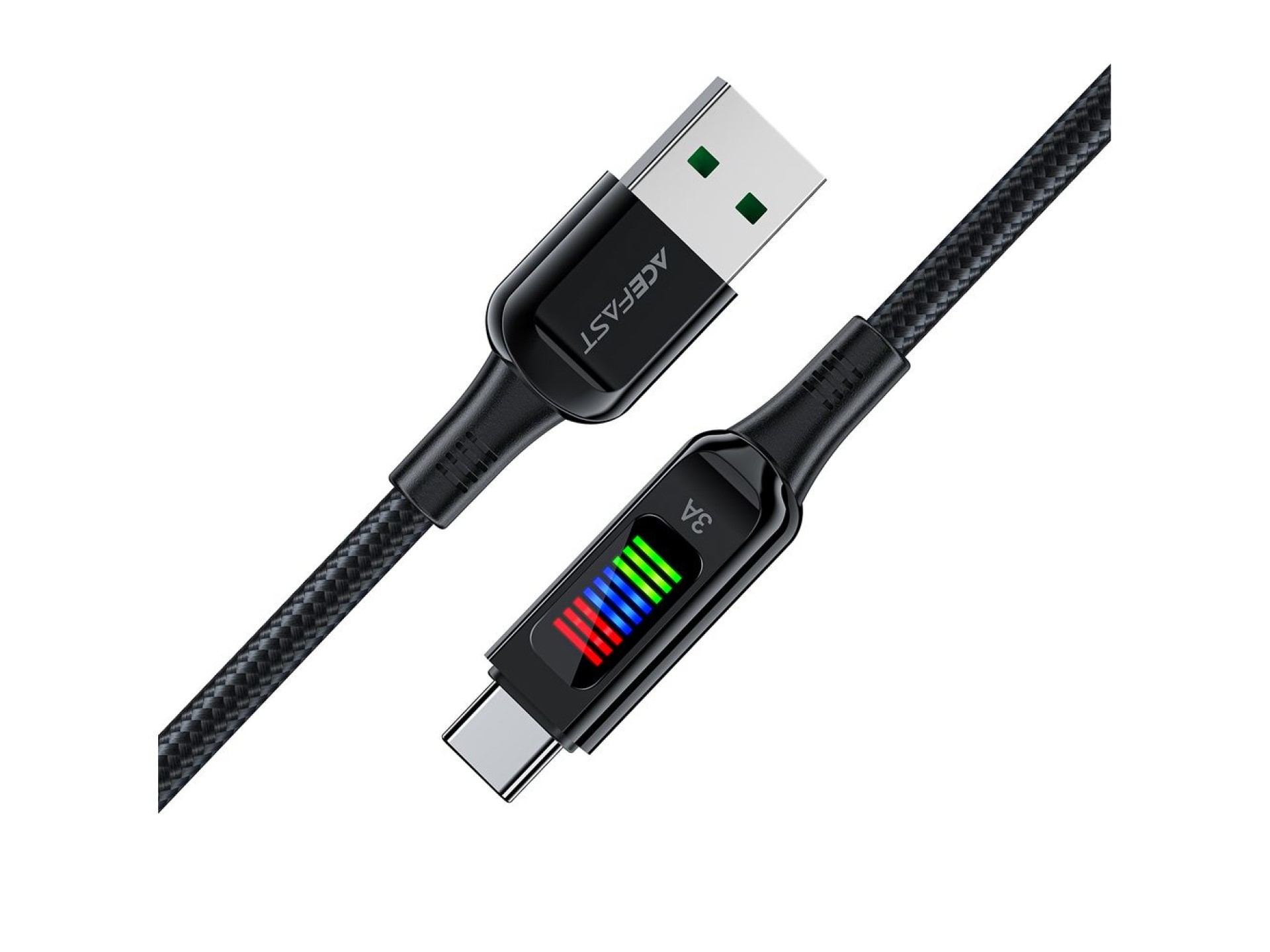 Cabo Acefast C7-04 USB-A USB-C 60W 1,2m com display - preto