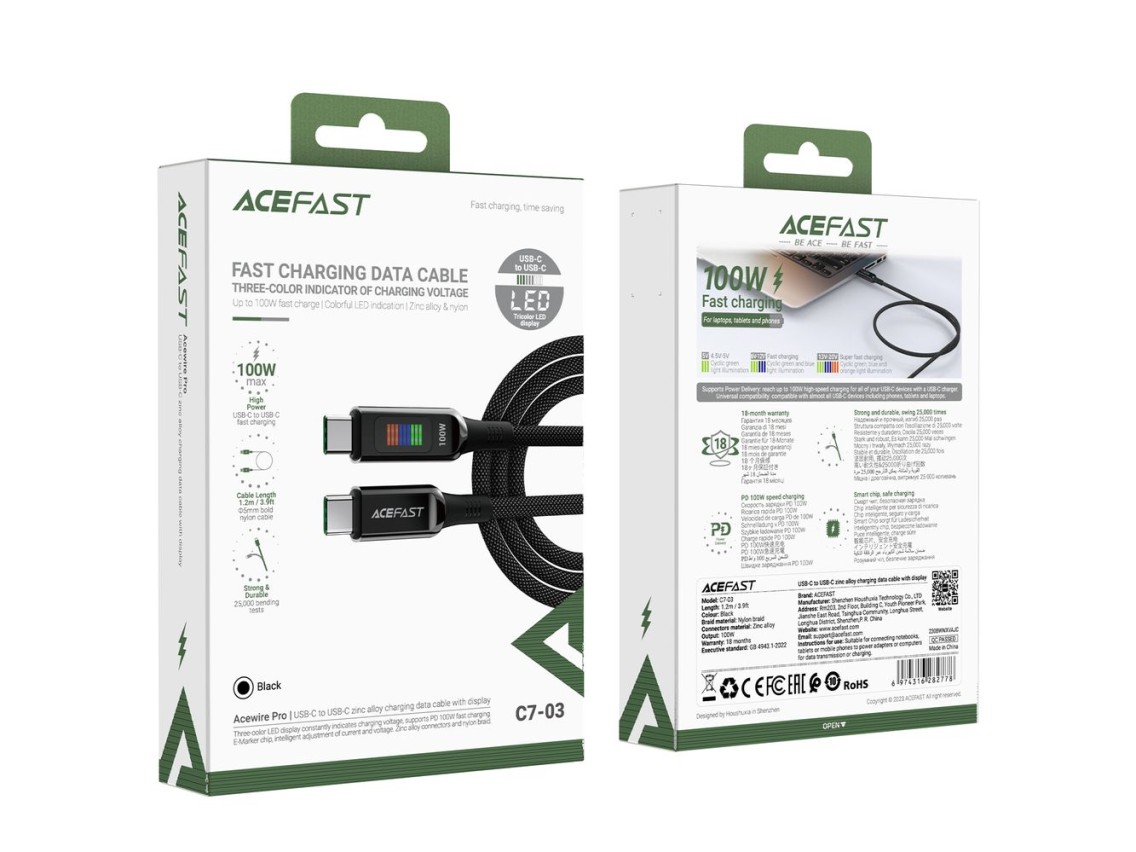 Cabo Acefast C7-03 USB-C de 100 W e 1,2 m com display - preto