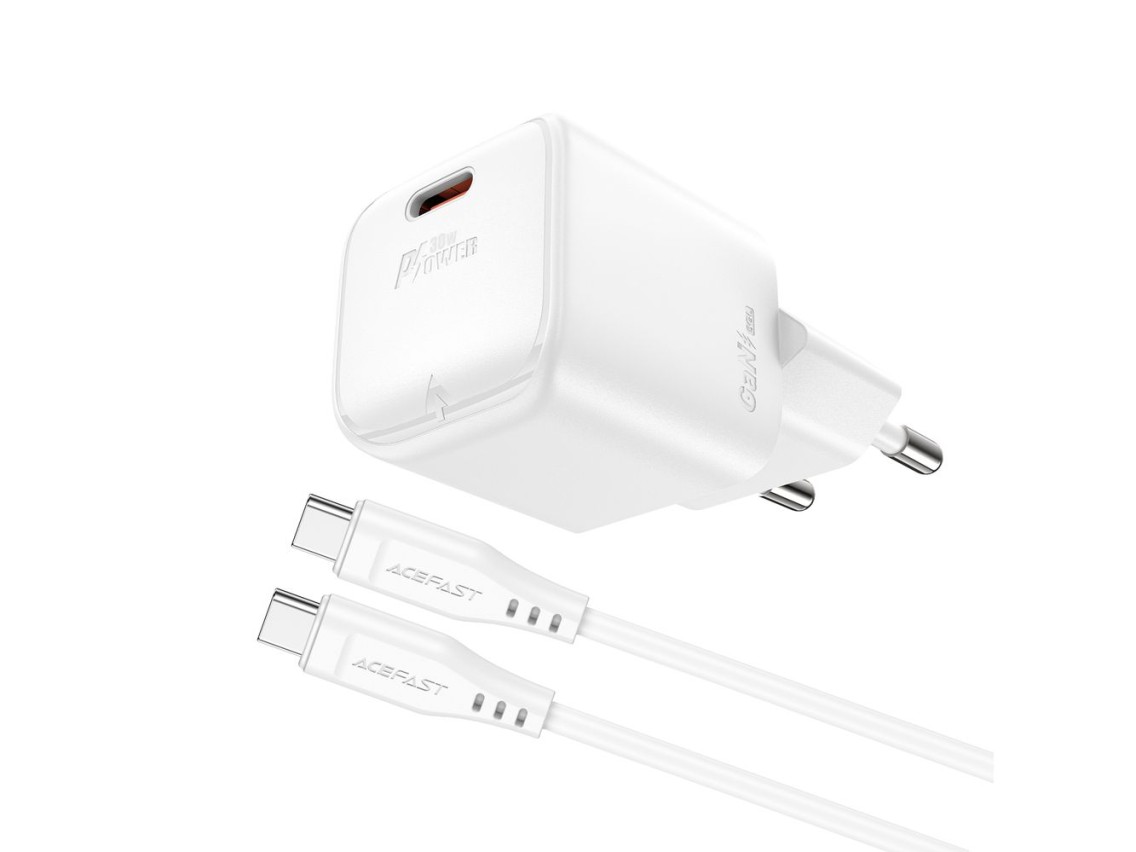 Cargador de pared Acefast A77 Mini PD de 30 W GaN + cable USB-C - blanco