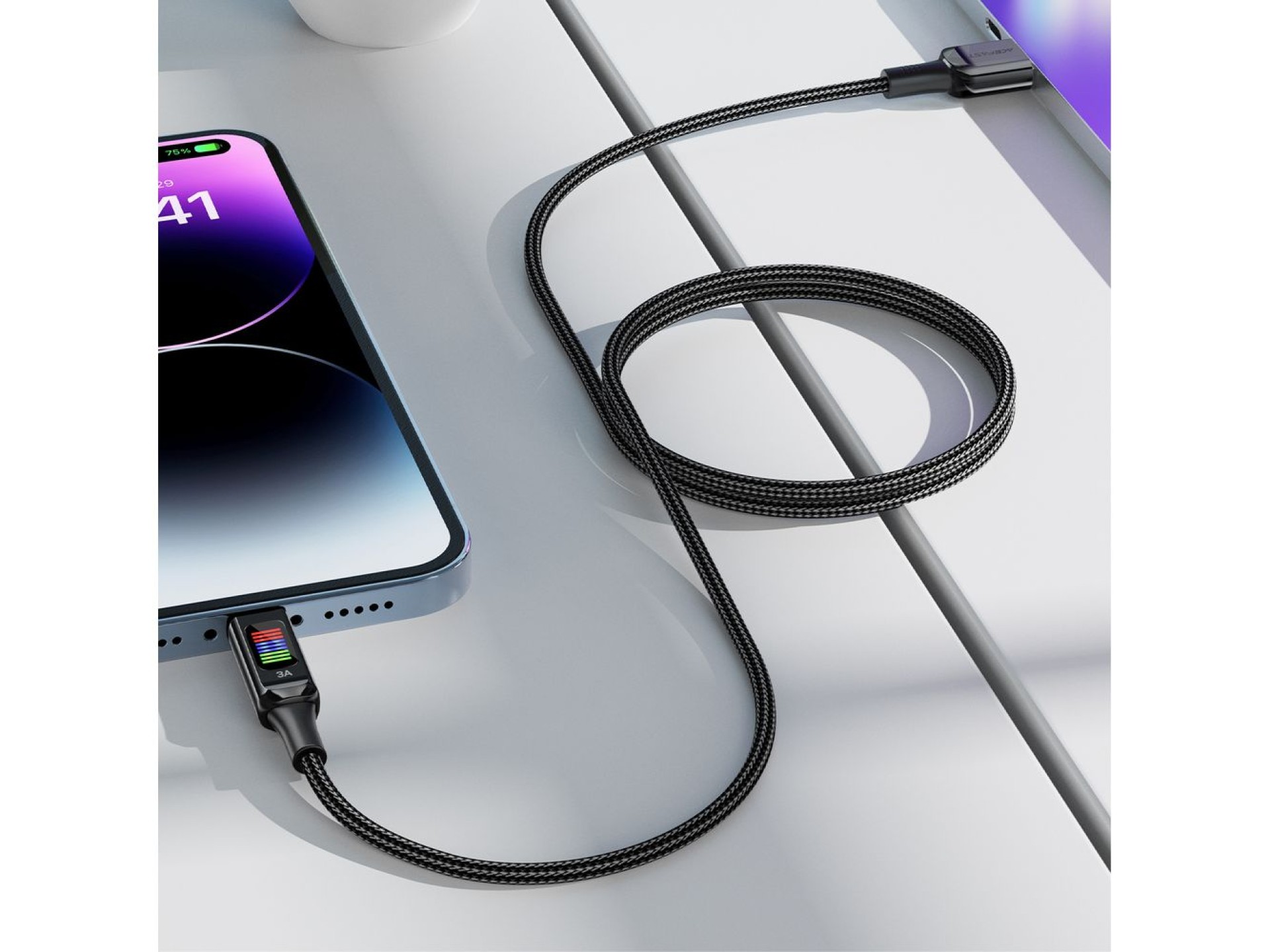 Cabo Acefast C7-04 USB-A USB-C 60W 1,2m com display - preto