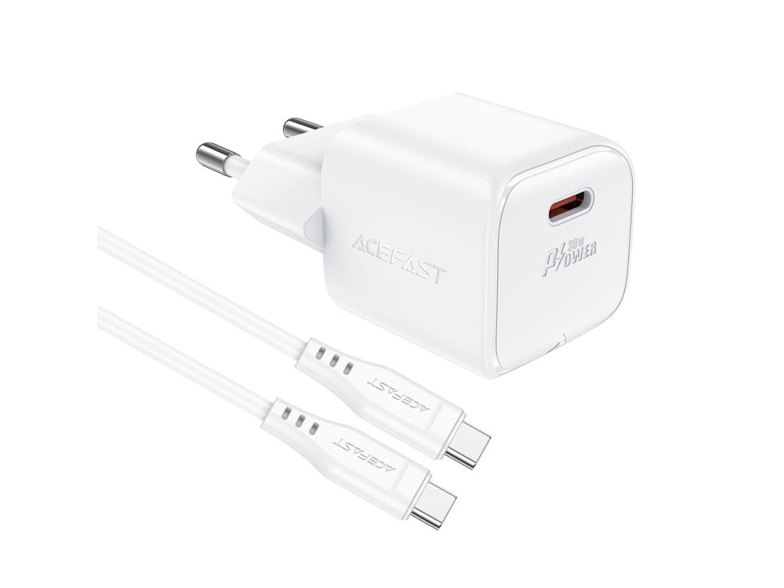 Cargador de pared Acefast A77 Mini PD de 30 W GaN + cable USB-C - blanco