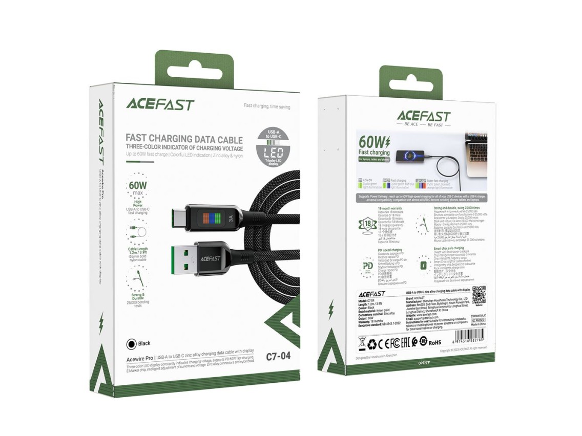 Cabo Acefast C7-04 USB-A USB-C 60W 1,2m com display - preto