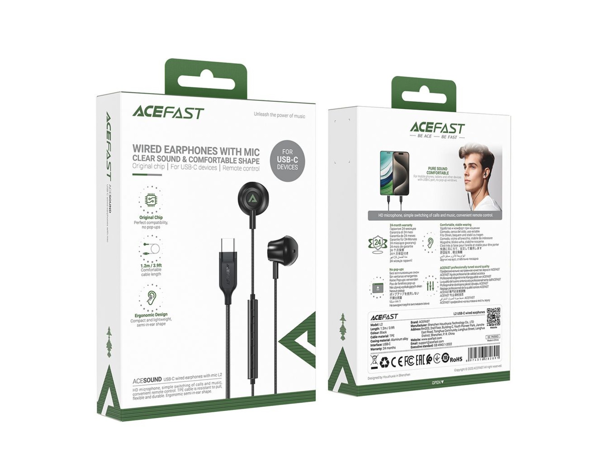 Acefast L2 in-ear headphones with USB-C connector, microphone and remote control 1.2 m - black