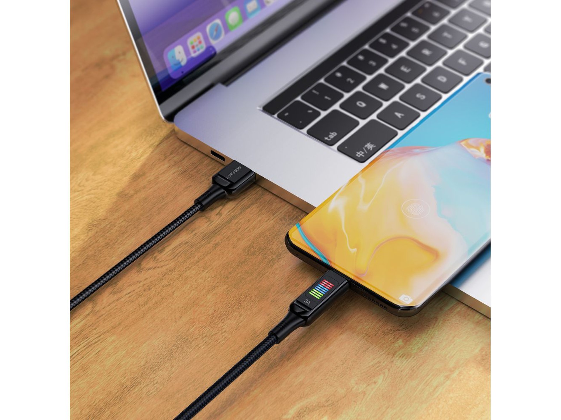 Cabo Acefast C7-04 USB-A USB-C 60W 1,2m com display - preto