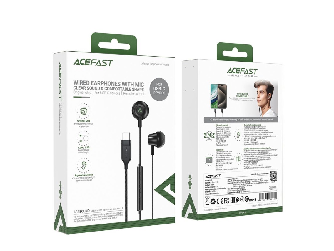Auriculares intrauditivos Acefast L2 con conector USB-C, micrófono y control remoto de 1,2 m - negro