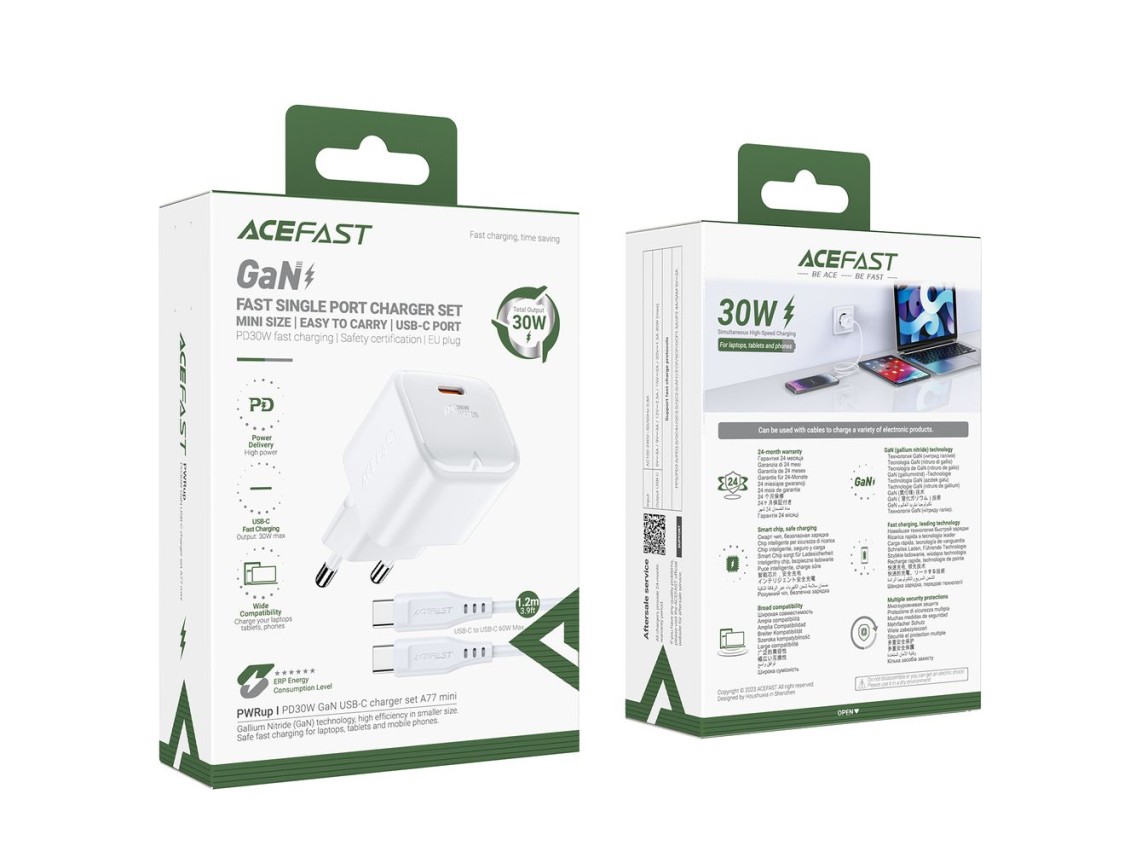 Cargador de pared Acefast A77 Mini PD de 30 W GaN + cable USB-C - blanco
