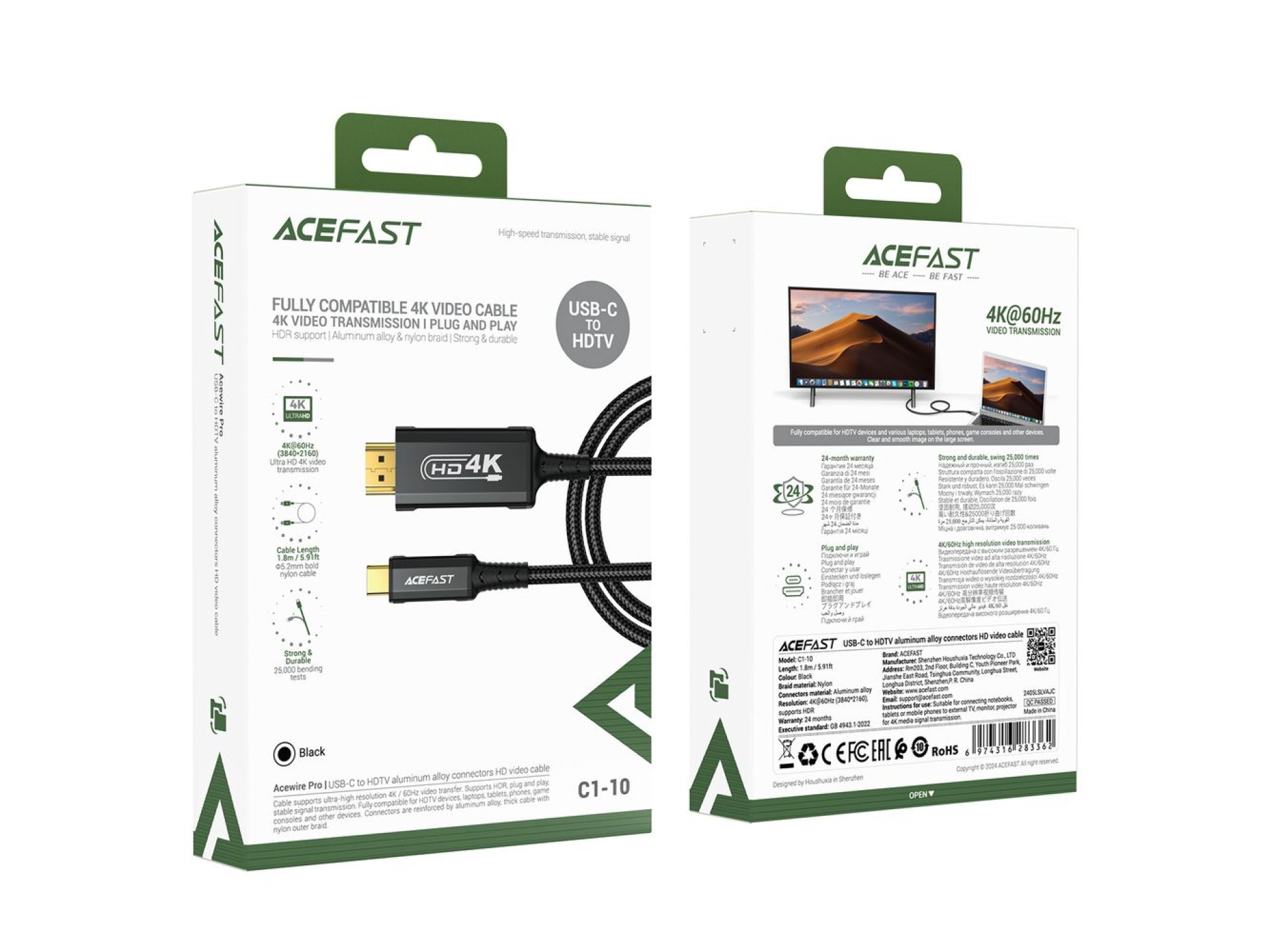 Cabo de vídeo Acefast C1 USB-C/HDMI 4K 60Hz HDR 1,8m - Preto