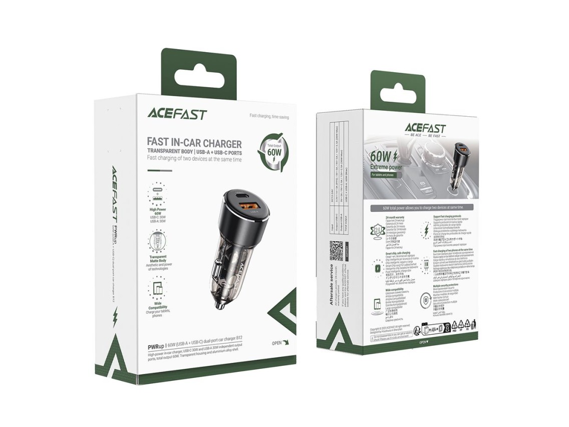 Carregador veicular Acefast B12 60W USB-A / USB-C - preto