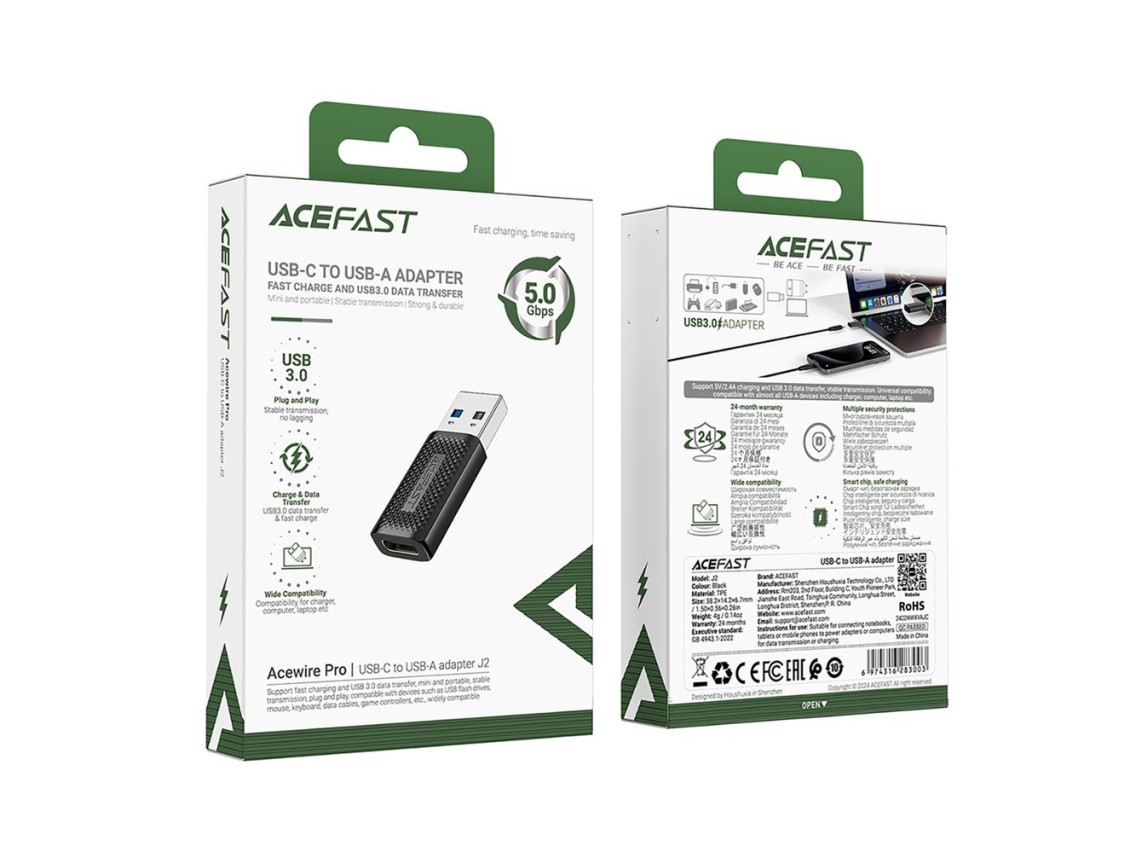 Acefast J2 USB-C 3.0 (Female) to USB-A 3.0 (Male) 5Gb/s Adapter - Black