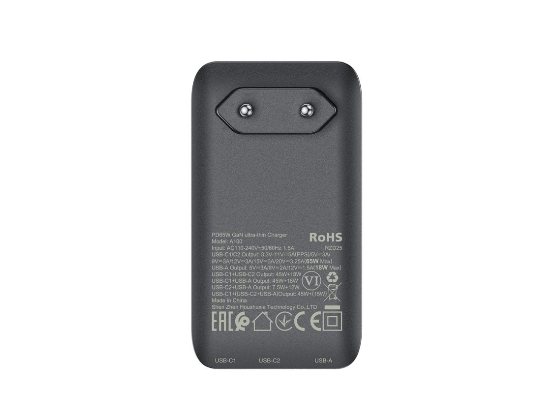 Acefast A100 65W GaN 2 USB-C+ USB-A Charger Ultra Slim - Black