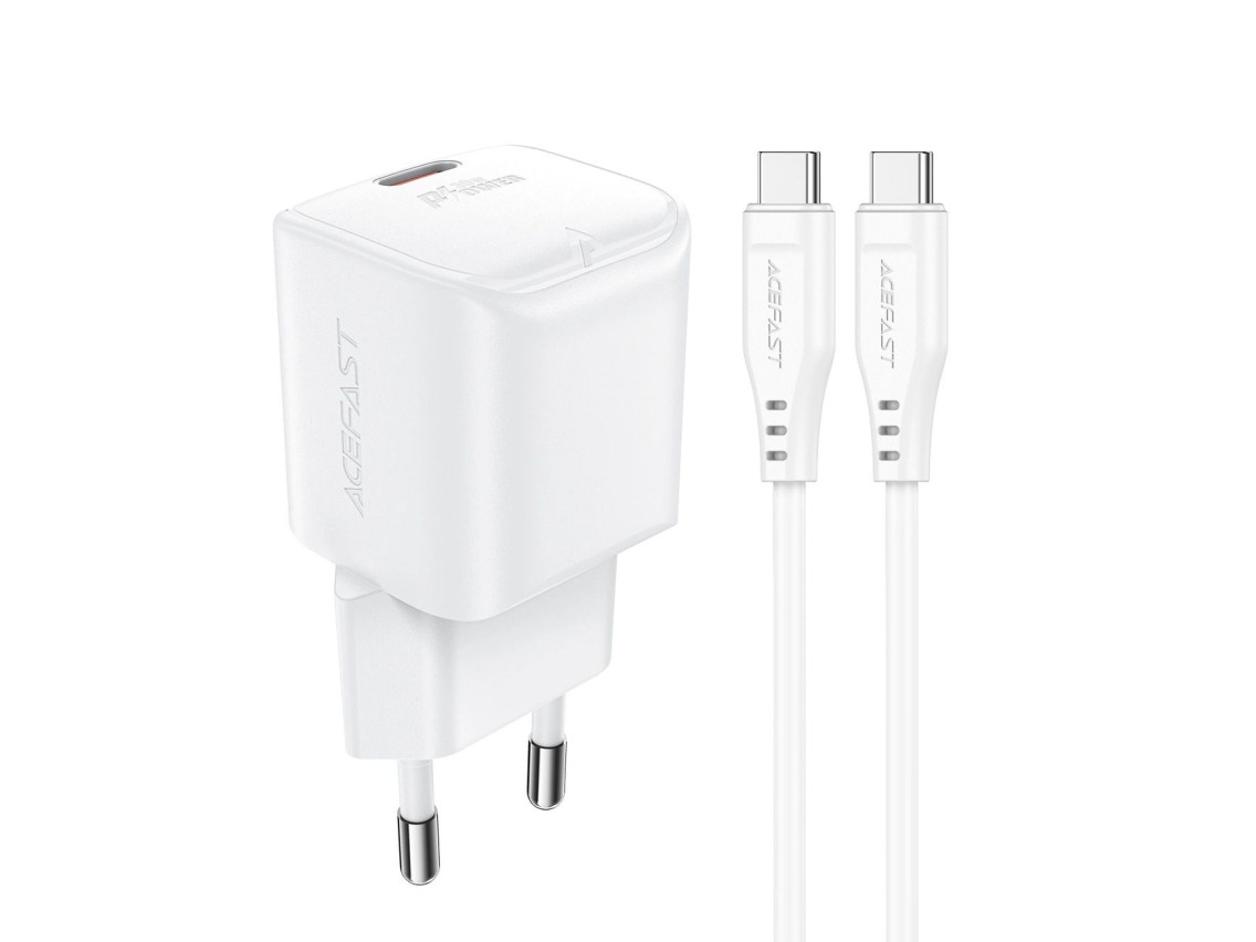 Cargador de pared Acefast A77 Mini PD de 30 W GaN + cable USB-C - blanco