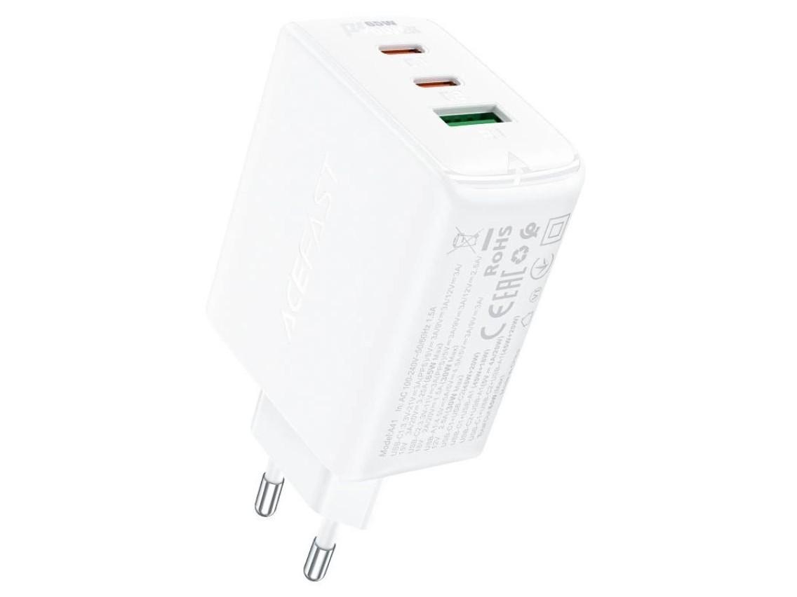 Carregador rápido Acefast GaN (2x USB-C / USB-A) PPS / PD / QC4+ 65W branco (A41)