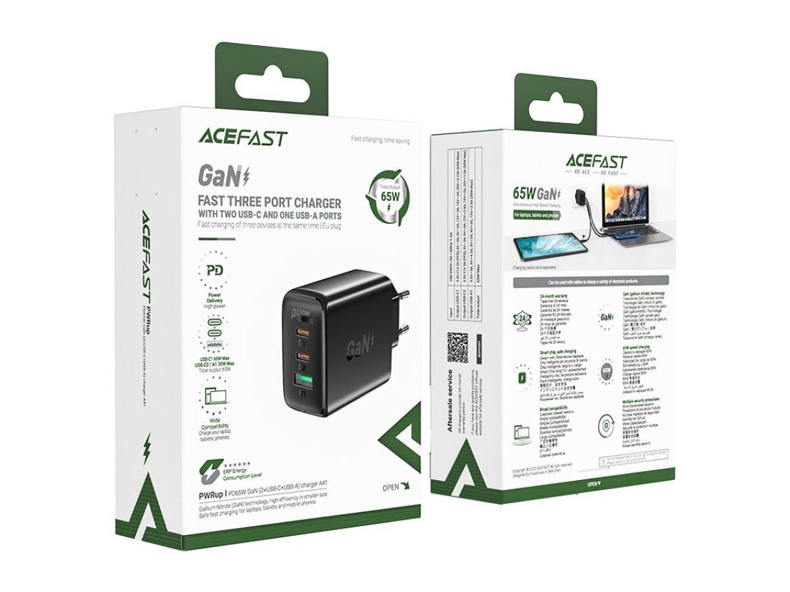 Carregador rápido Acefast GaN (2xUSB-C / USB-A) PPS / PD / QC4+ 65W preto (A41)