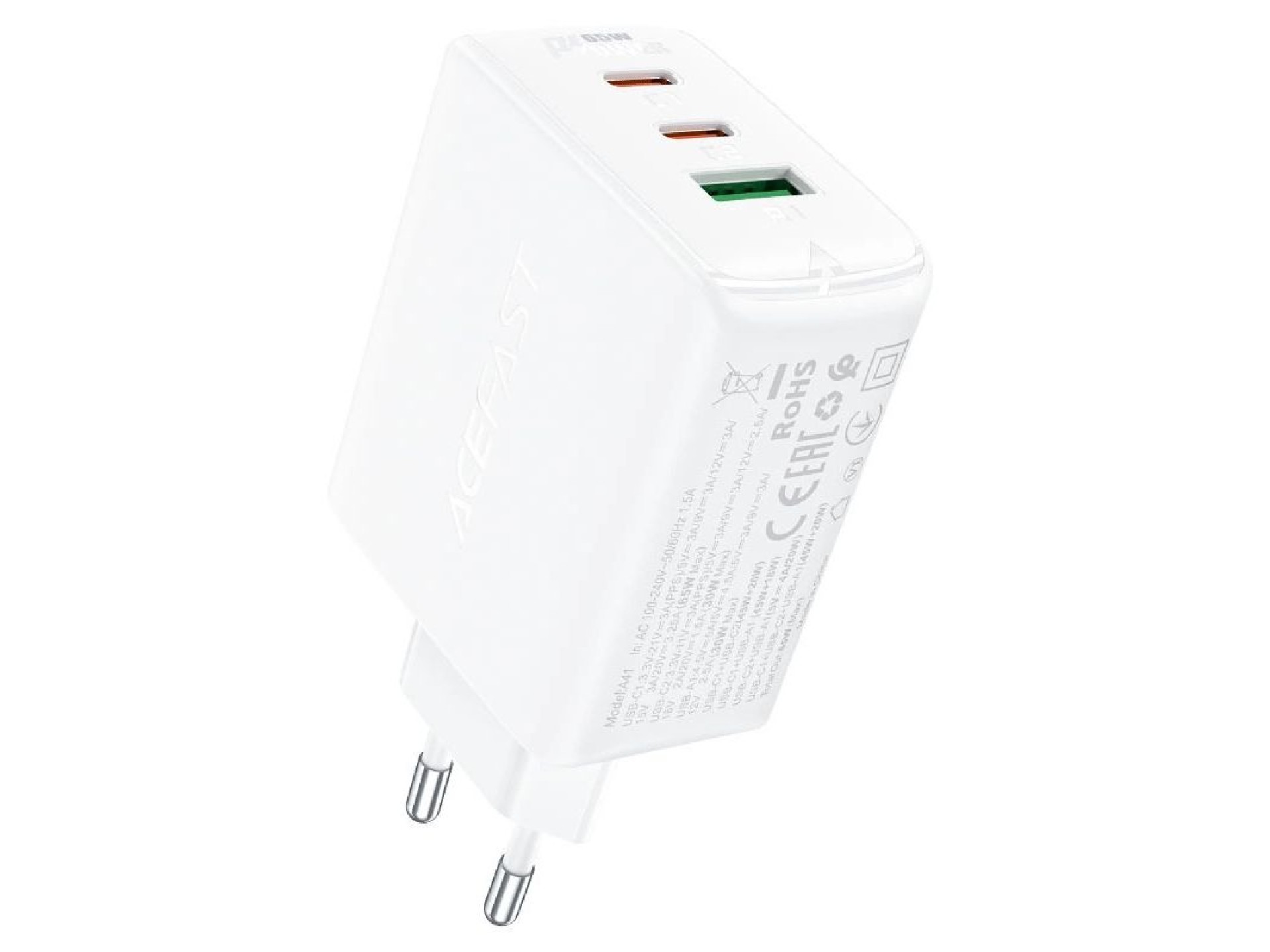 Cargador rápido Acefast GaN (2x USB-C / USB-A) PPS / PD / QC4+ 65W blanco (A41)