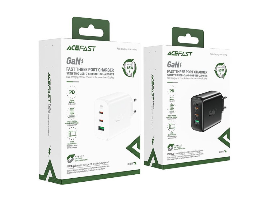Carregador rápido Acefast GaN (2xUSB-C / USB-A) PPS / PD / QC4+ 65W preto (A41)