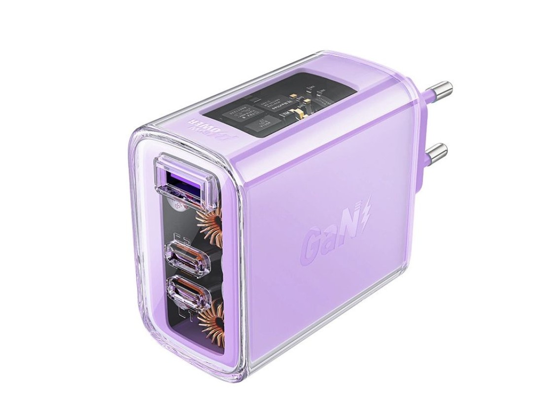 Carregador Acefast GaN 65W 3 portas (1x USB, 2x USB-C) roxo (A45)
