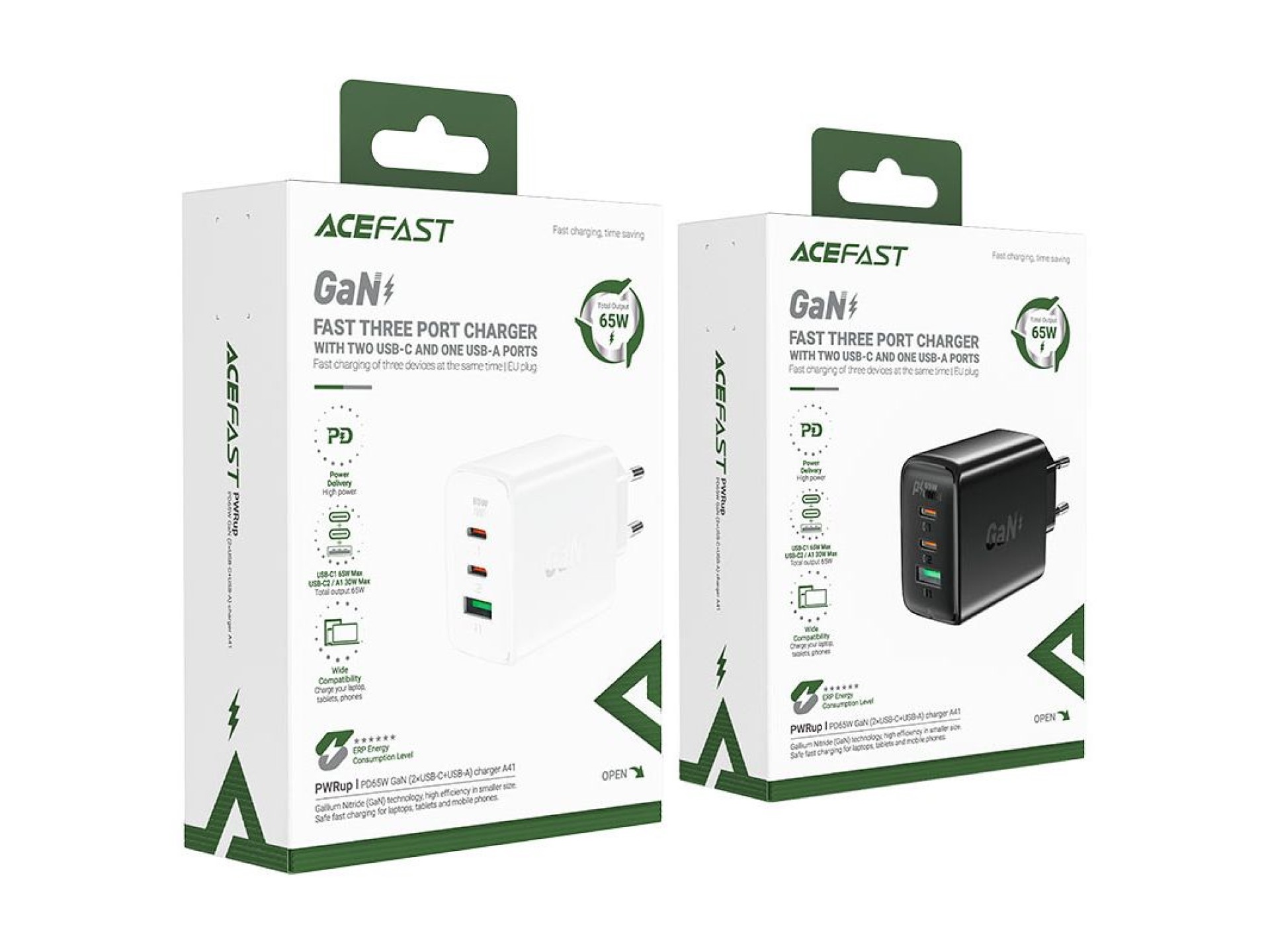 Carregador rápido Acefast GaN (2xUSB-C / USB-A) PPS / PD / QC4+ 65W preto (A41)