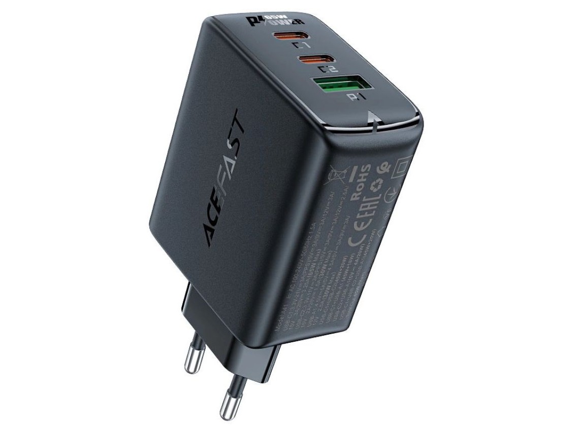 Carregador rápido Acefast GaN (2xUSB-C / USB-A) PPS / PD / QC4+ 65W preto (A41)