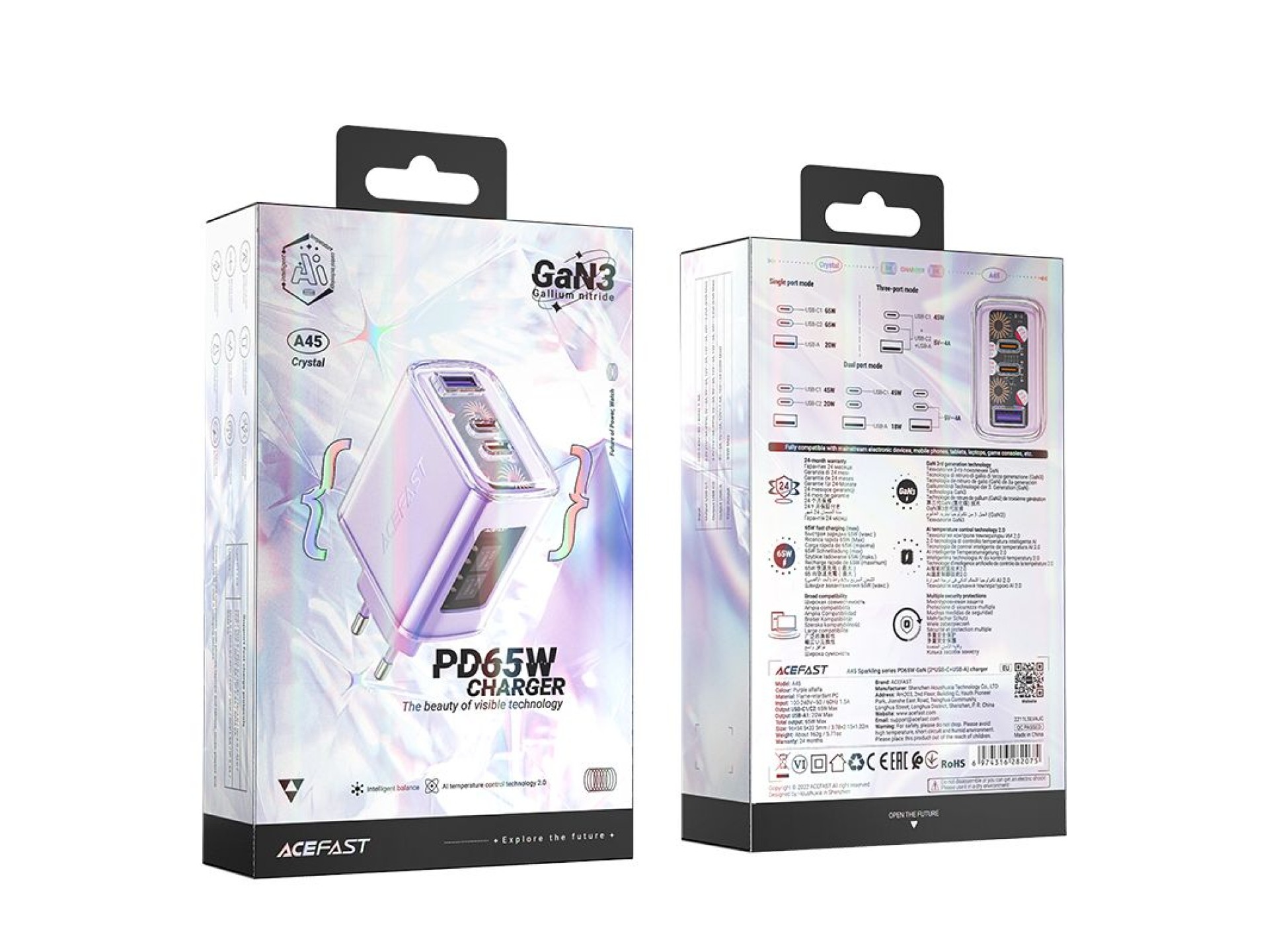 Carregador Acefast GaN 65W 3 portas (1x USB, 2x USB-C) roxo (A45)